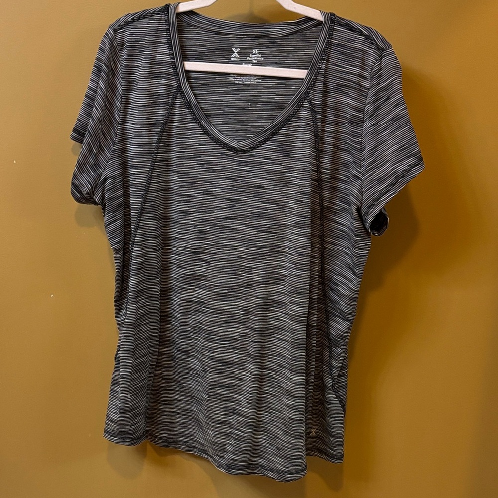Xersion Black and Gray Striped V-Neck Tee